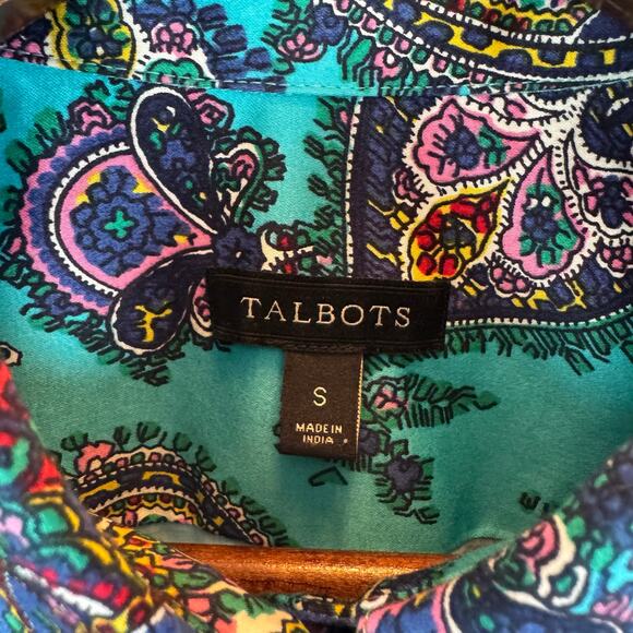 Talbots Women’s S Paisley Button Up Shirt Stretch Cotton Turquoise Classic EUC - Picture 3 of 9